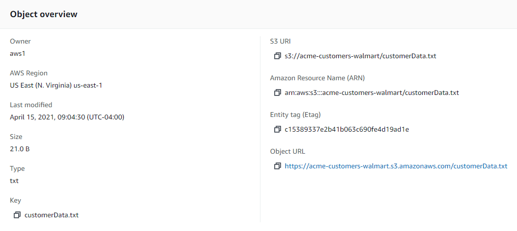 Image of the AWS S3 Console showing bucket metadata