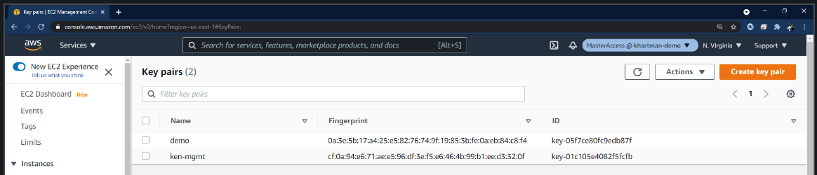 Image of SSH key Pairs in the AWS EC2 Console