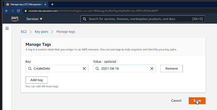 Image of the EC2 console, adding a tag to the Key Pair