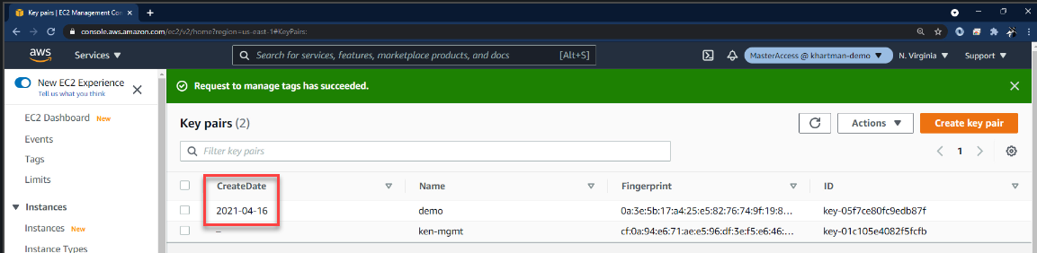 Image of the EC2 Console displaying the CreateDate tag in the Key Pairs view