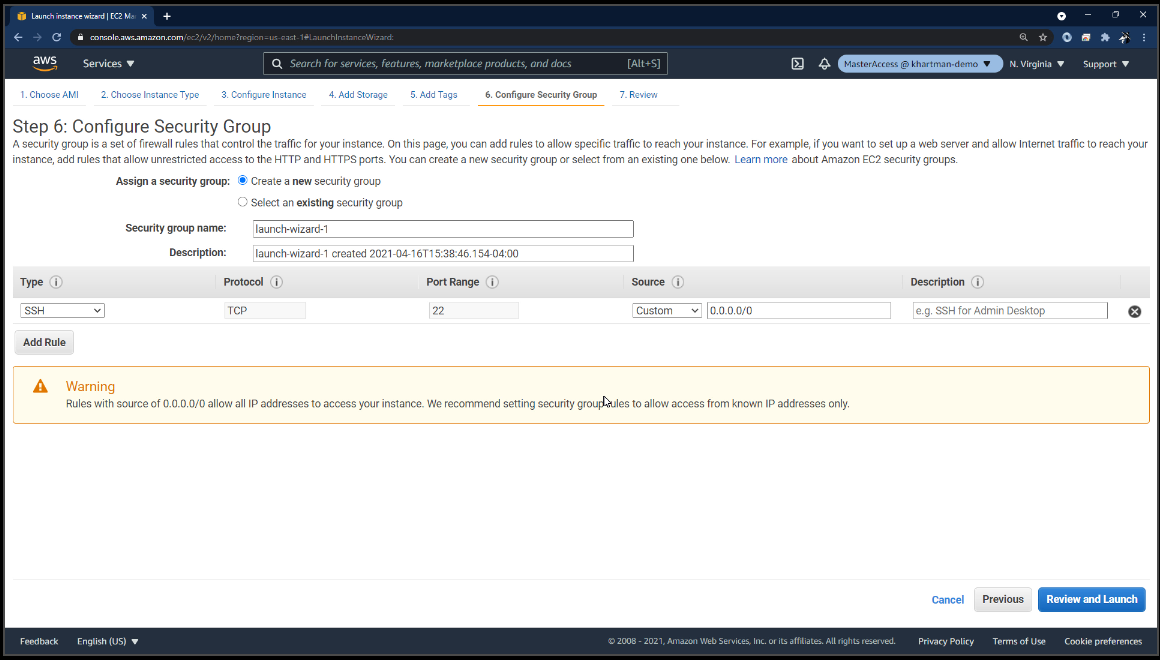 Image of the Configure Security Group step