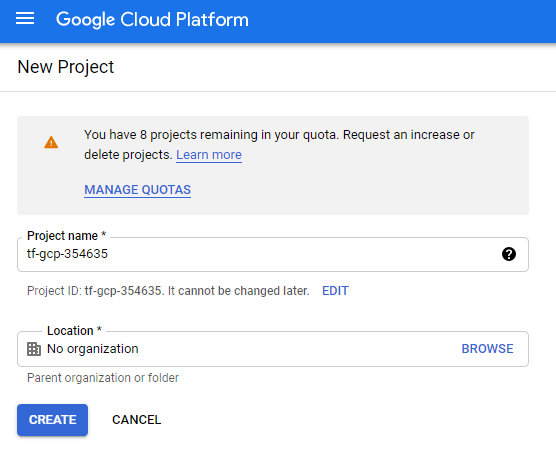 Image of the GCP console creating a new project