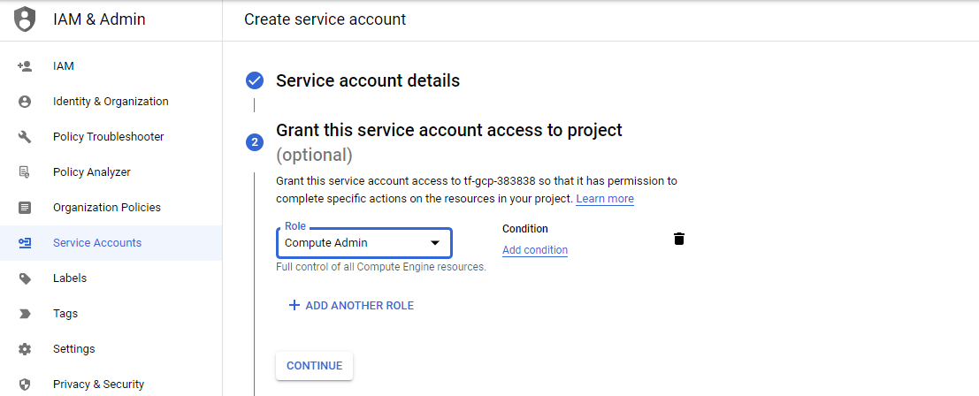 Image of the GCP console assigning a role to the new service account