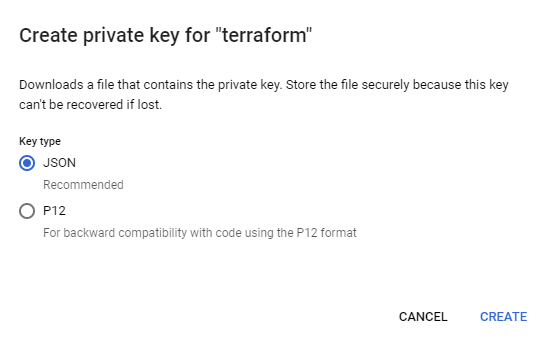 Image of the GCP console creating a json key for the service account