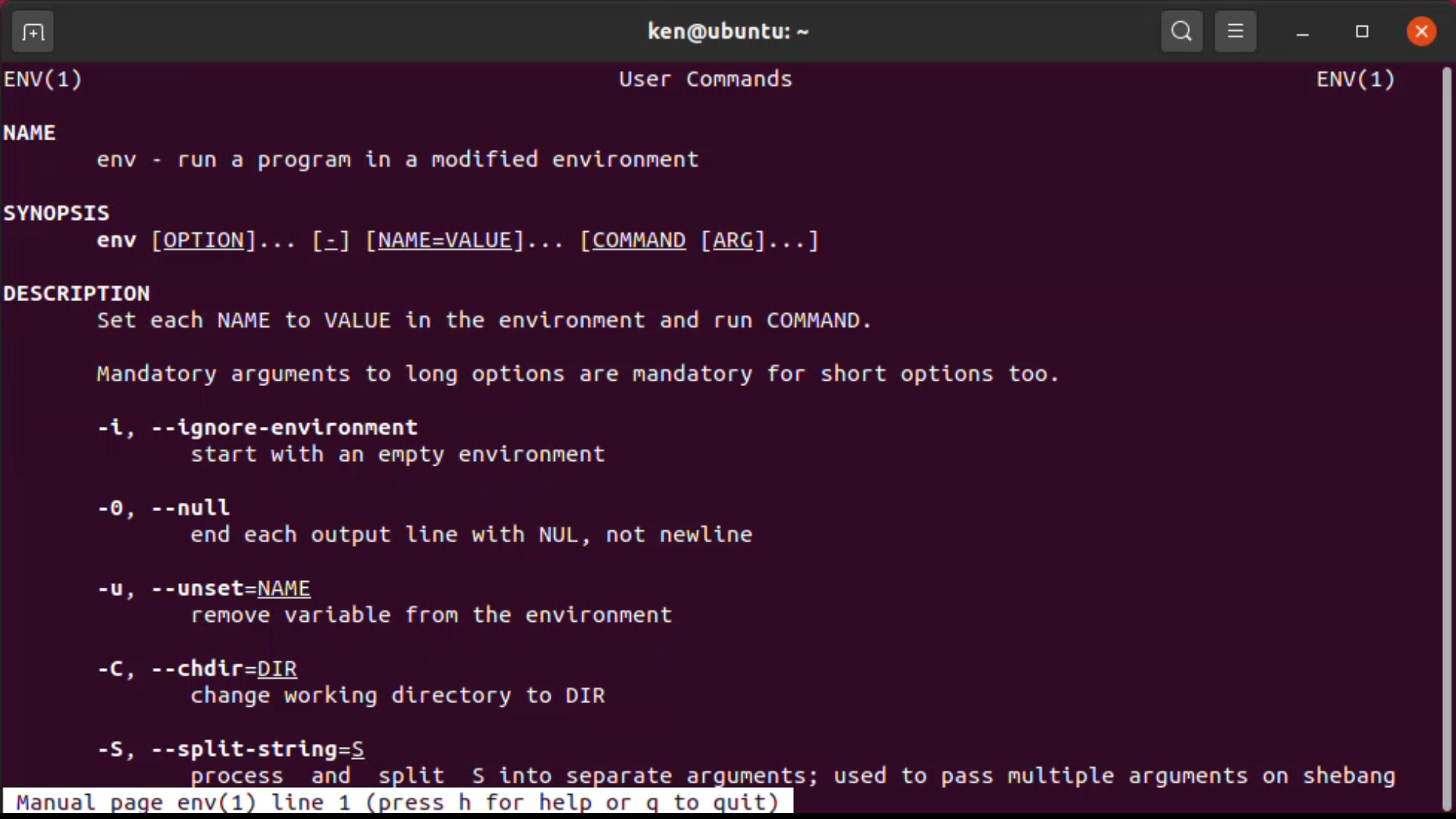 Viewing the man page for env