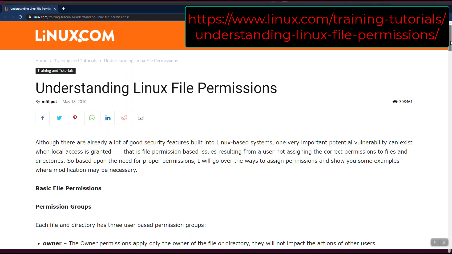 Screenshot of Understanding Linux File Permissions article