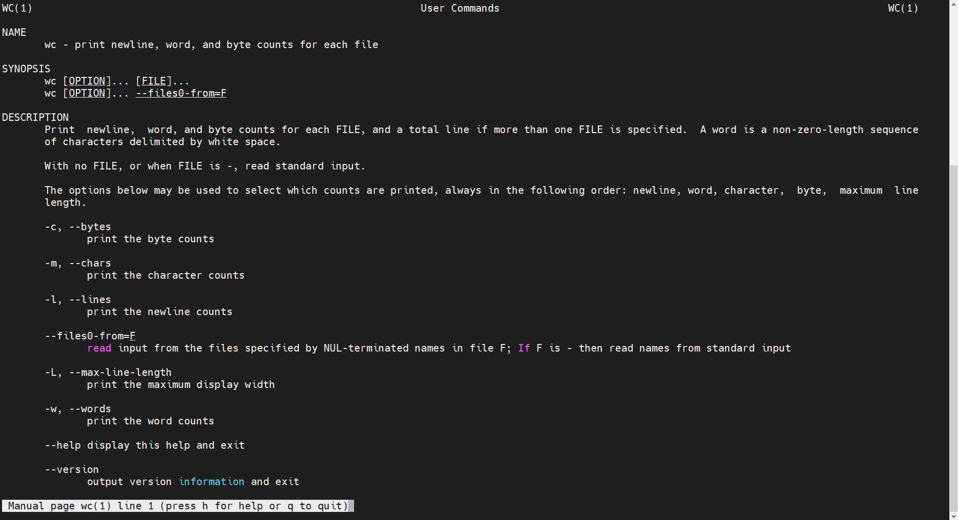 Man page of wc utility